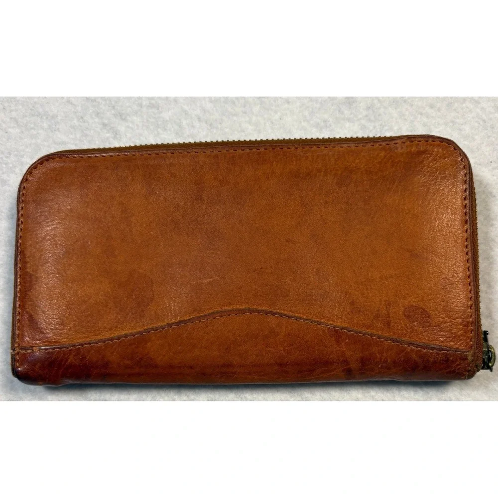 JP Ourse & Cie Geneve Tan Leather Zip Around Accordion Wallet Brass Hardware